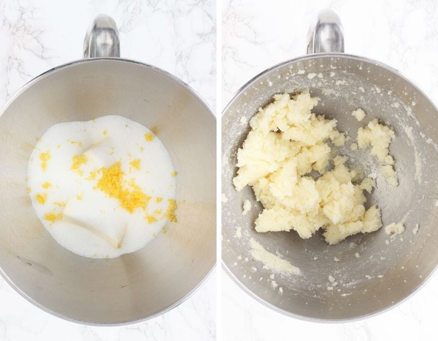 butter, sugar and lemon zest on a metal mixing bowl on the left. Creamed butter and sugar on the right.