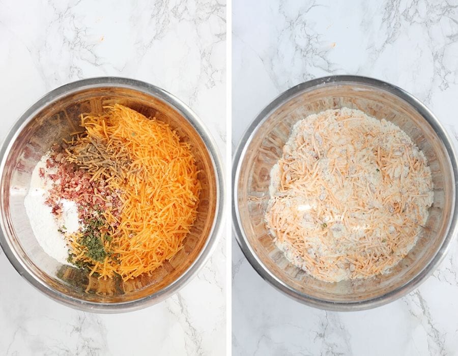 dry ingredients for cheese and bacon muffins in a metal mixing bowl.