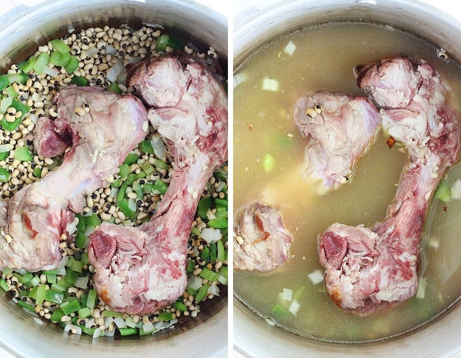 ham bones cooking in a large pot with black eyed peas, bell peppers and chicken broth