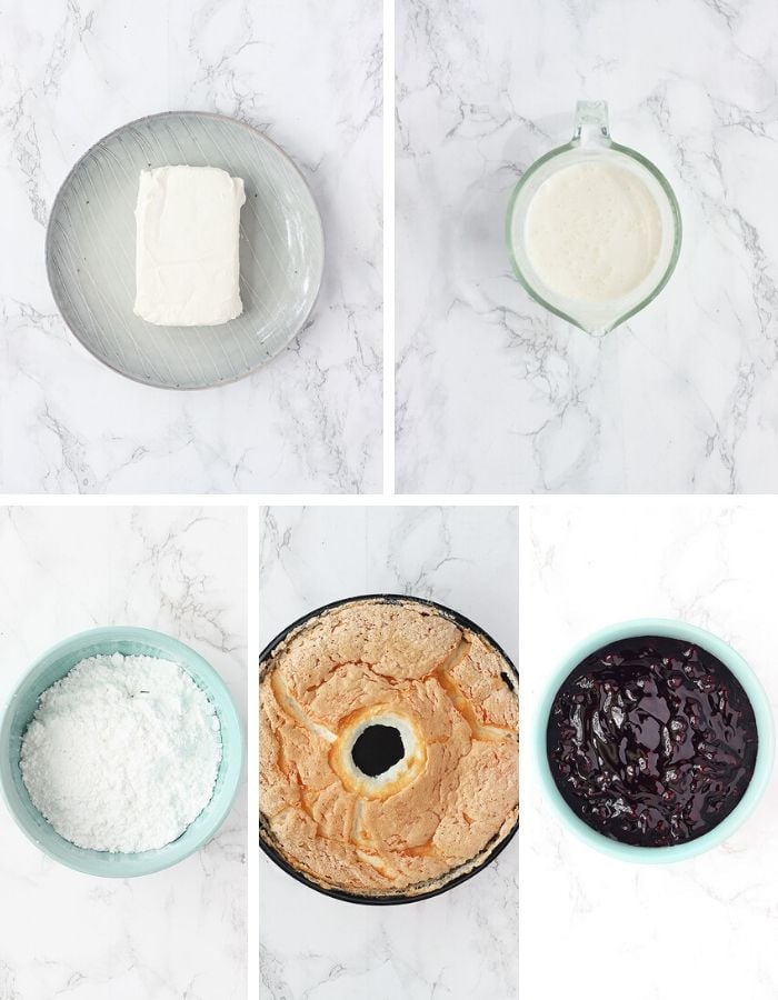 blueberry icebox cake ingredients include softened cream cheese, heavy cream, powdered sugar, angel food cake and blueberry pie filling