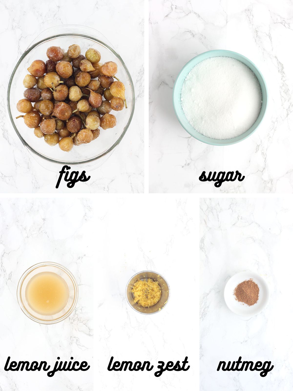 collage of ingredients needed to make fig preserves