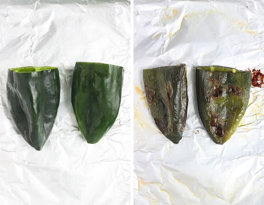 two poblano peppers on a foil lined baking sheet before and after roasting