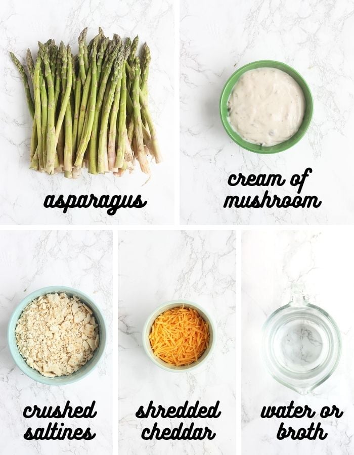 ingredients list for asparagus casserole - fresh asparagus, cream of mushroom soup, crushed saltines, shredded cheddar cheese and water or broth