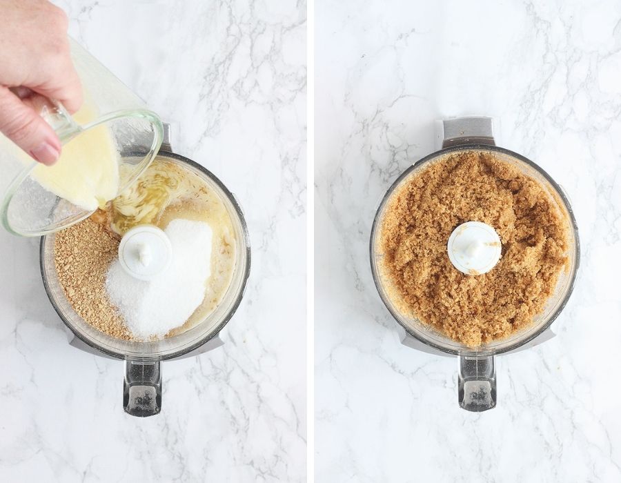 left, pouring melted butter into a food processor with sugar and graham cracker crumbs. Right, graham cracker crumbs, melted butter and sugar mixed together in a food processor