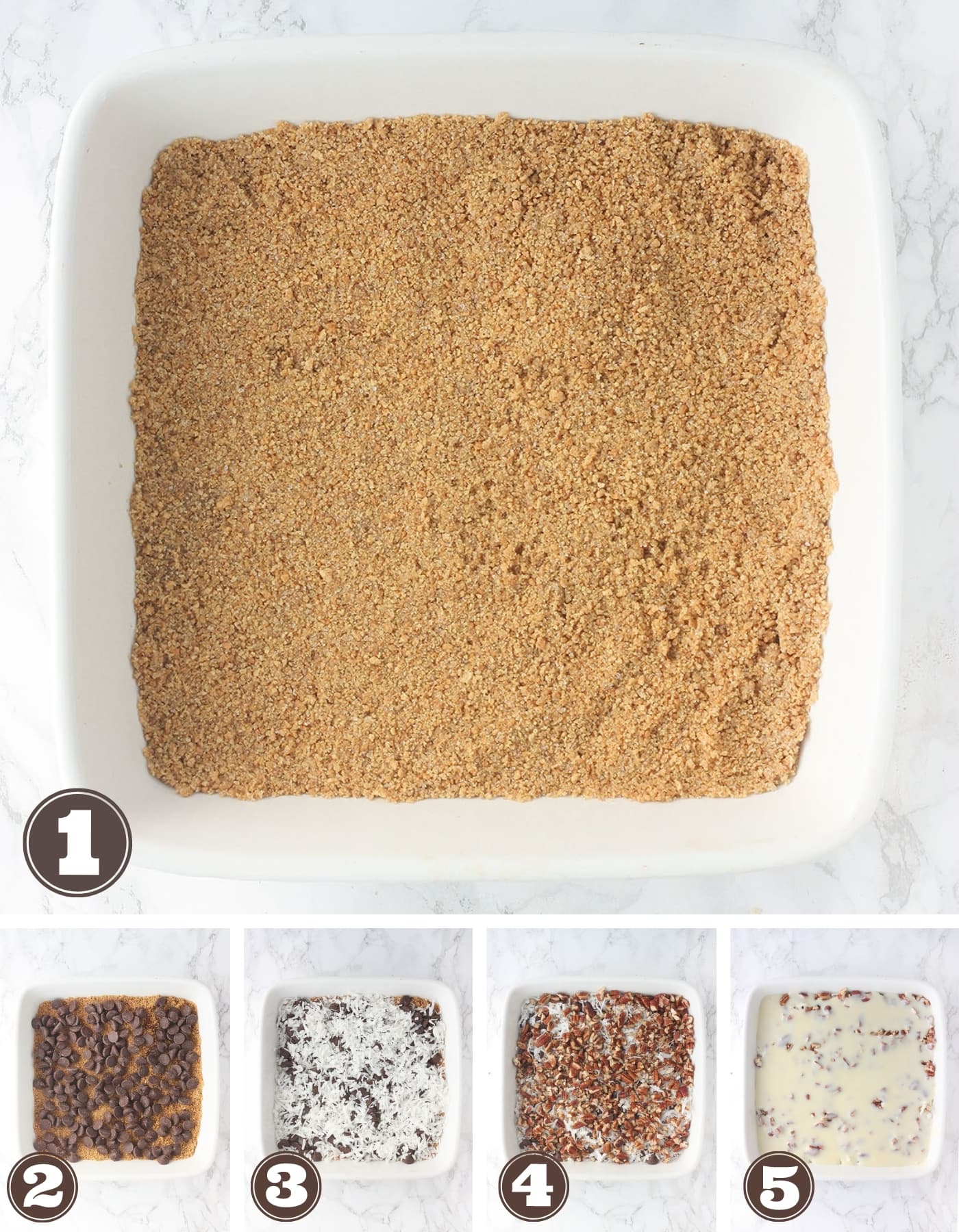 Five steps to assemble Hello Dolly Bars - graham cracker crust, chocolate chips, shredded coconut, chopped pecans and condensed milk