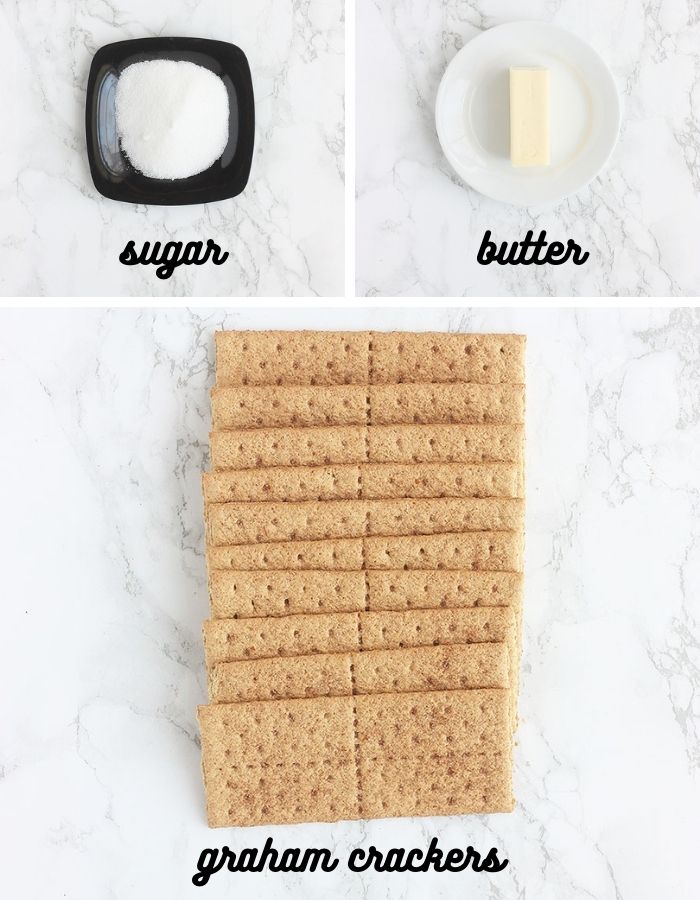 collage of graham cracker crust ingredients which include sugar, butter and graham crackers