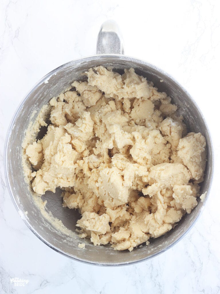 cookie dough without pecans in a metal mixing bowl
