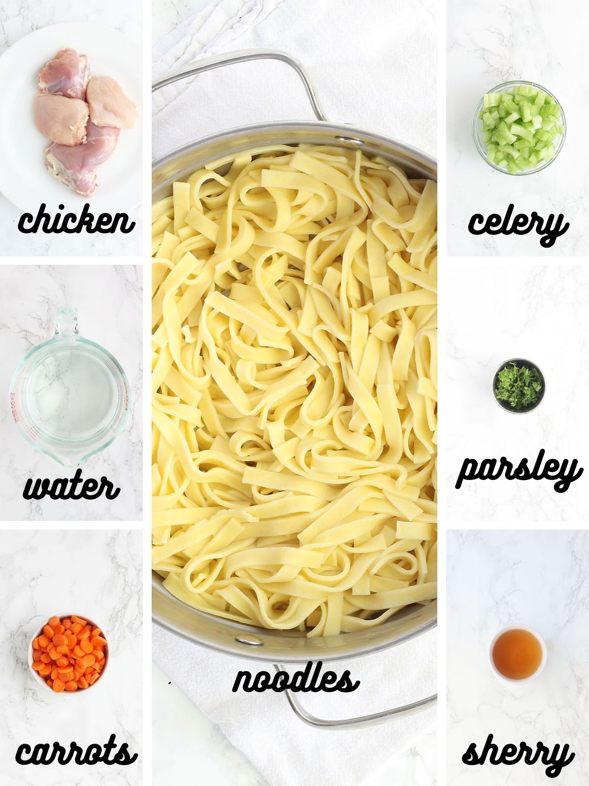 chicken noodle soup ingredients include raw chicken, water, carrots, celery, parsley, sherry and egg noodles
