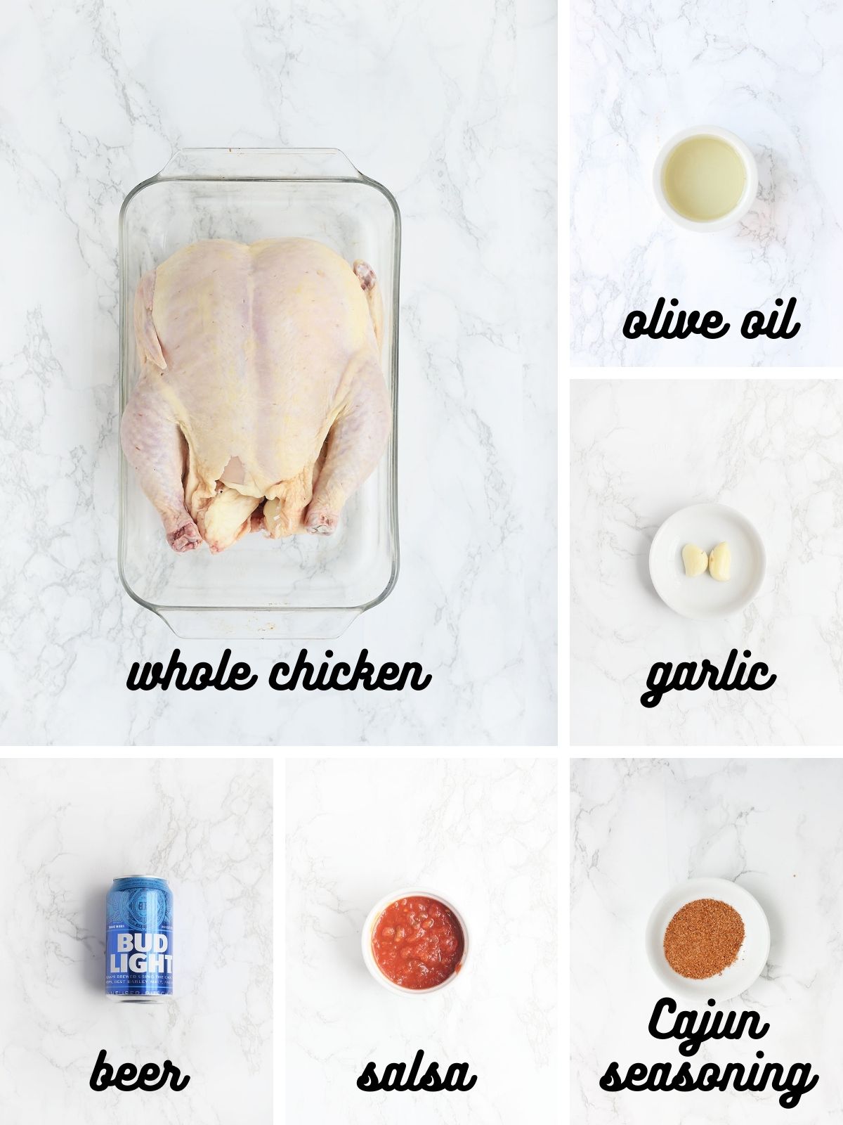 drunk chicken ingredients include a whole chicken, olive oil, garlic, beer, salsa, Cajun seasoning