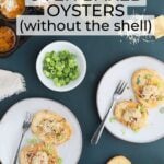 Two plates with oysters on toast sprinkled with Parmesan cheese, sliced green onions, glasses of white wine, a hand spooning an oyster onto a piece of bread.