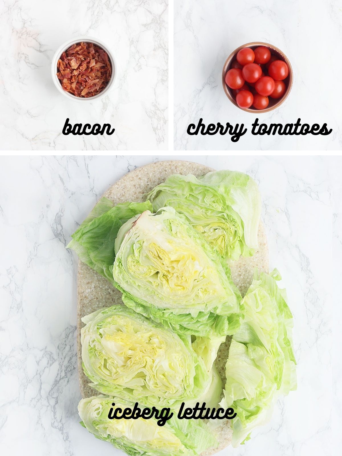 wedge salad ingredients include chopped cooked bacon, cherry tomatoes and iceberg lettuce