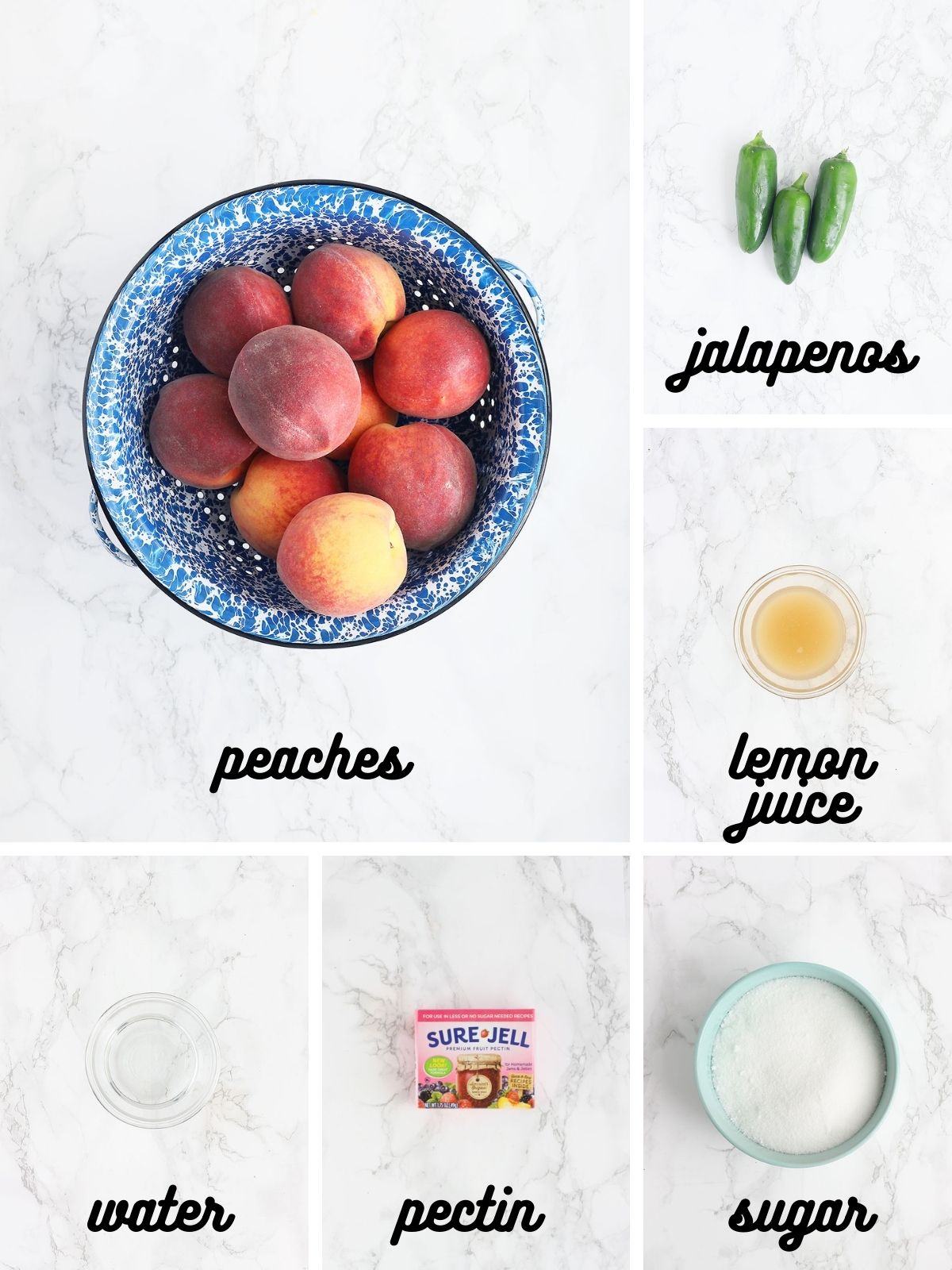 peach jalapeno jam ingredients include peaches, jalapeno peppers, lemon juice, water, pectin and sugar