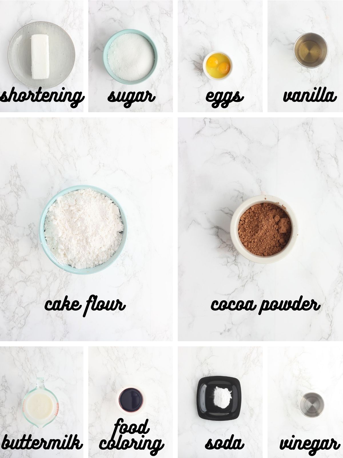 collage of red velvet cake ingredients which include shortening, sugar, eggs, vanilla, cake flour, cocoa powder, buttermilk, red food coloring, baking soda and white vinegar