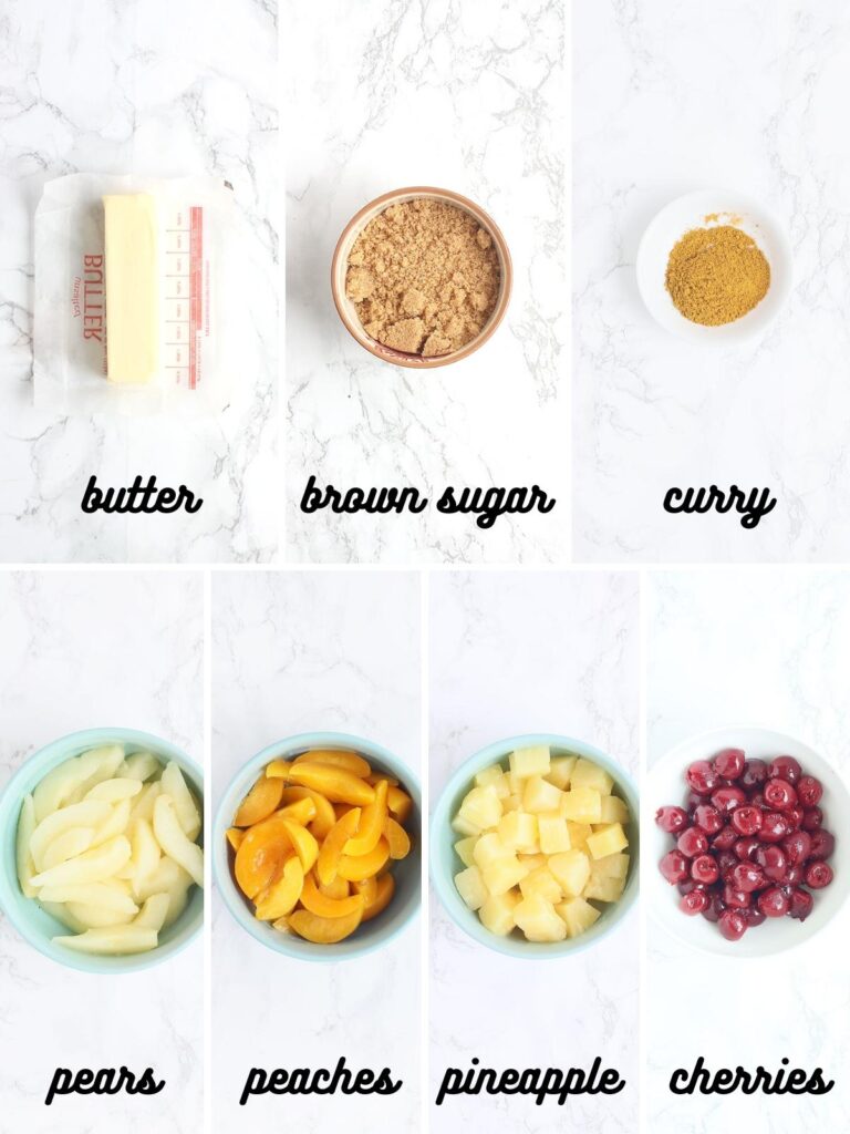 collage of ingredients needed to make hot curried fruit