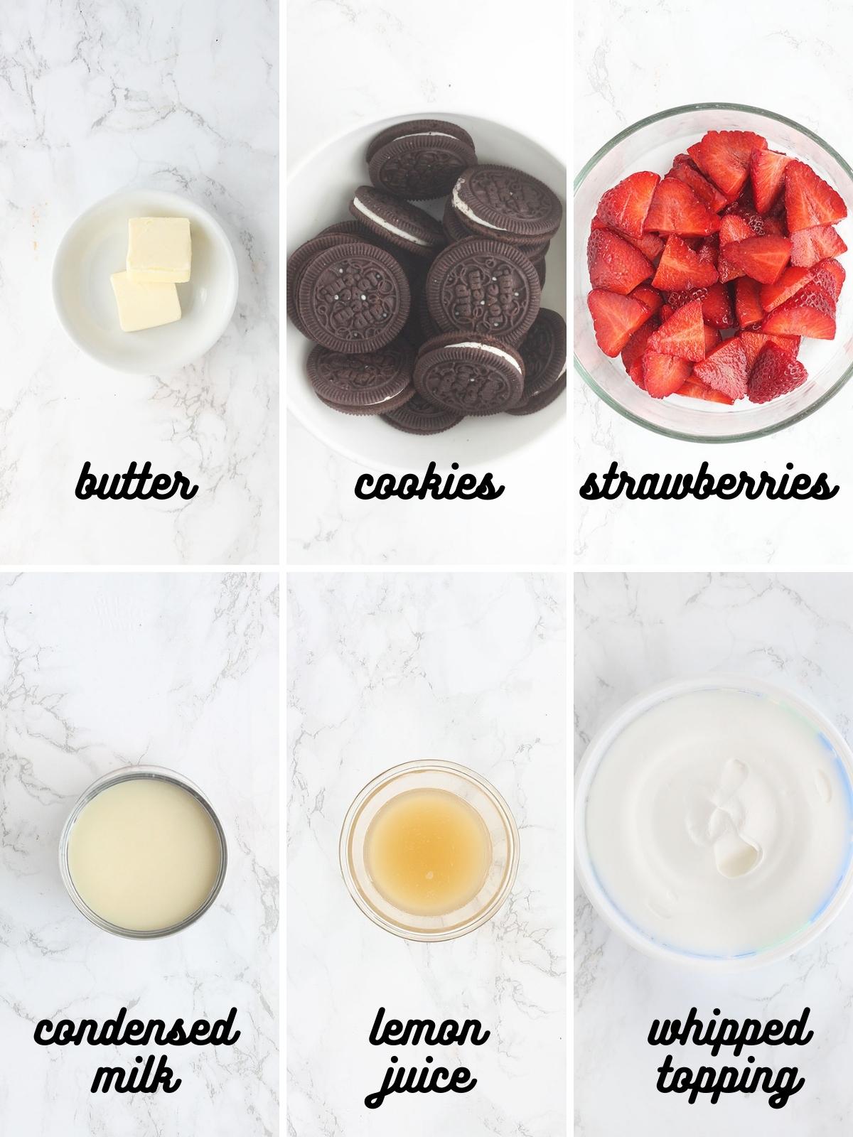 collage of ingredients needed to make strawberry ice cream cake