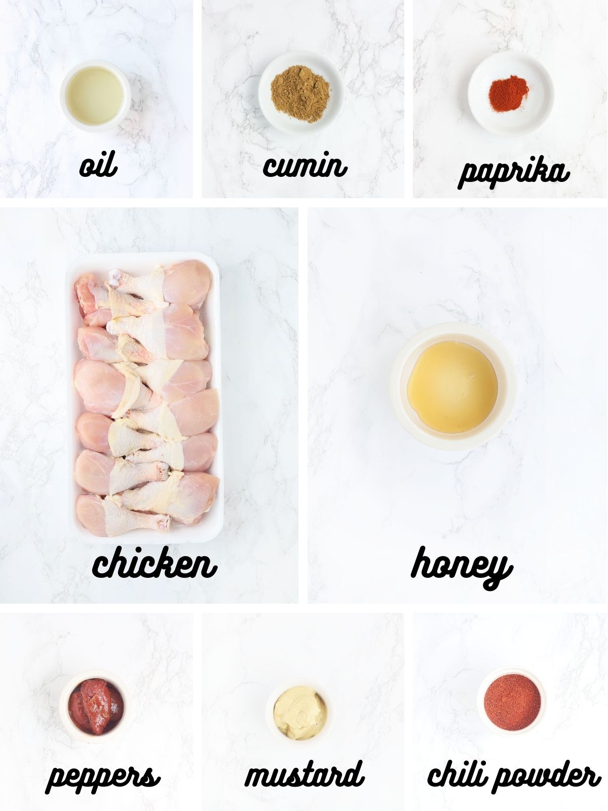 collage of ingredients needs to make honey chipotle chicken drumsticks