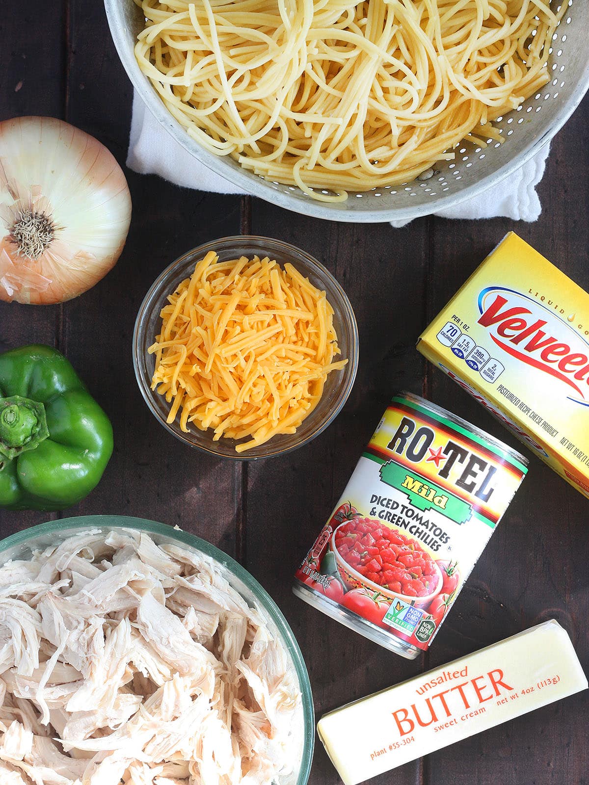flat lay of ingredients for chicken spaghetti with rotel