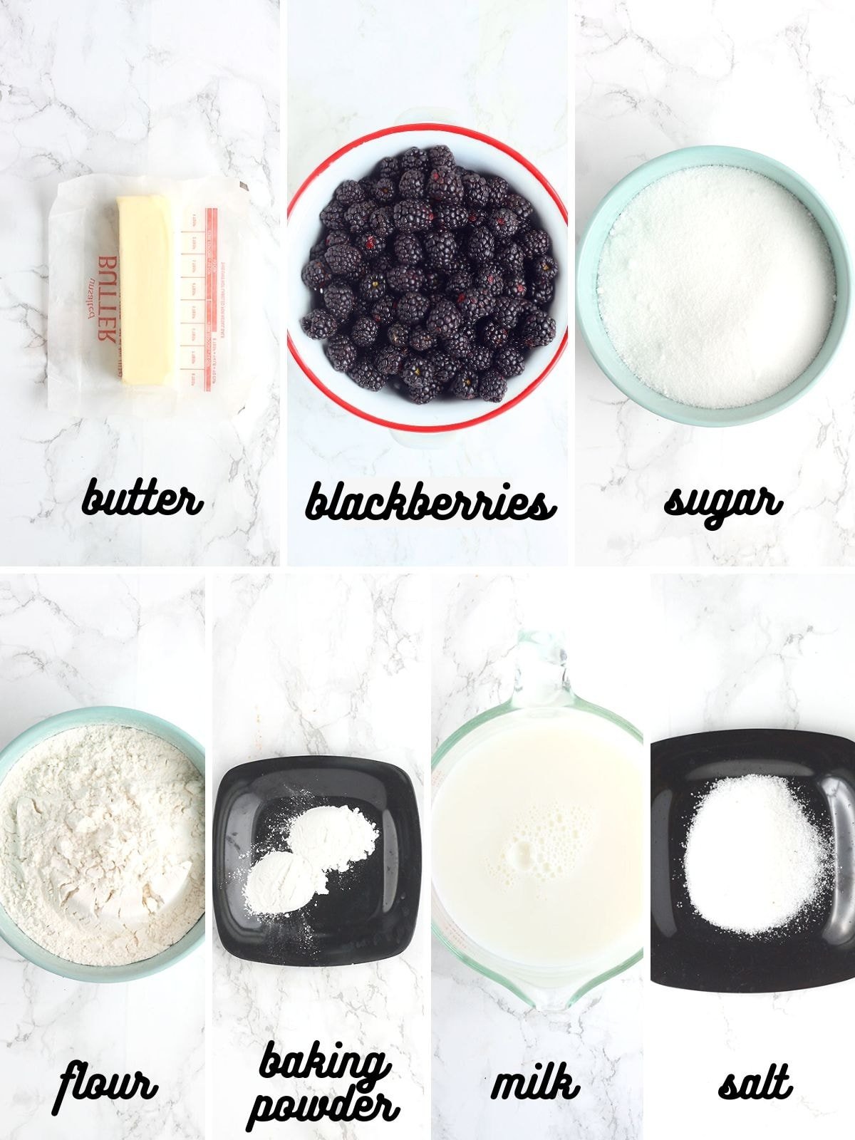 collage of ingredients needed to make blackberry cobbler