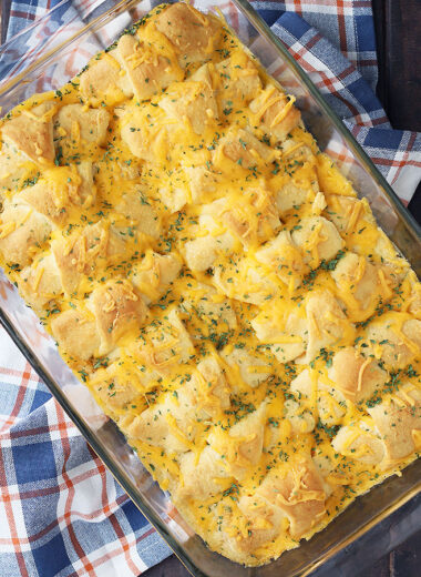 Rectangular glass casserole dish of baked crescent casserole