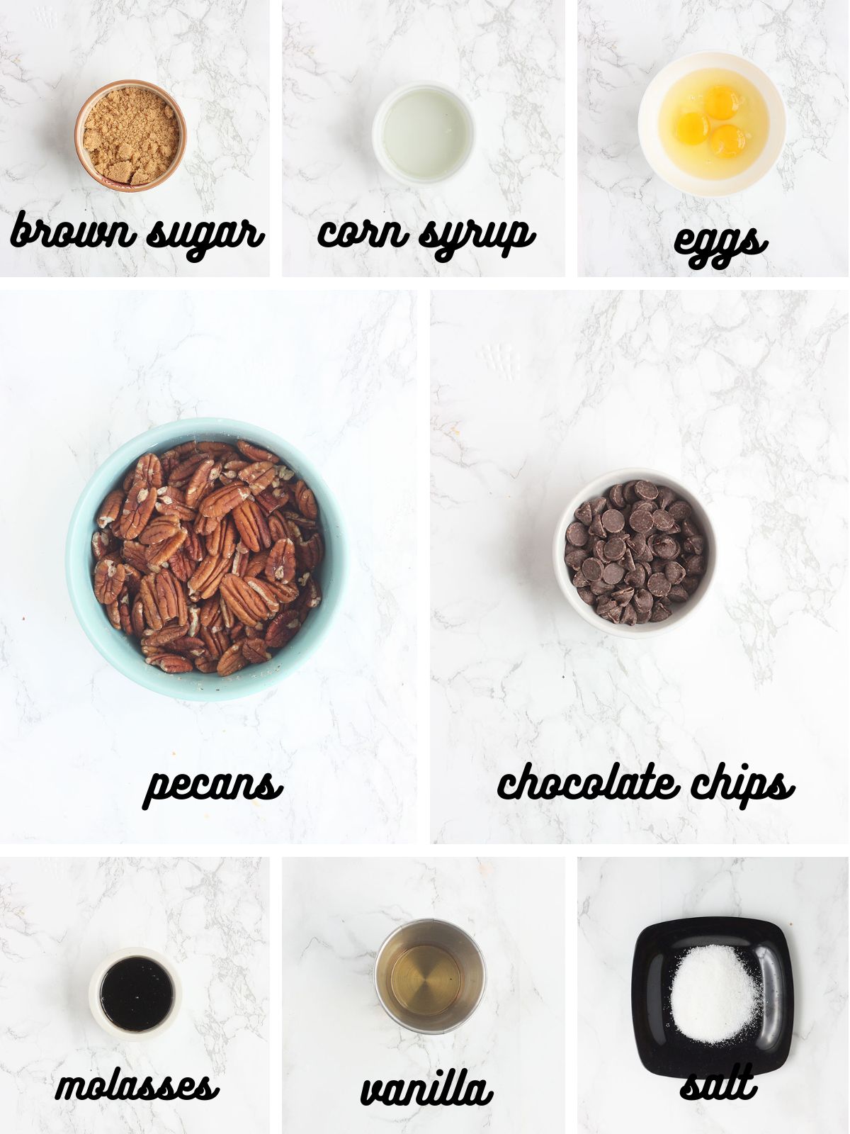 collage of ingredients needed to make chocolate chip pecan pie