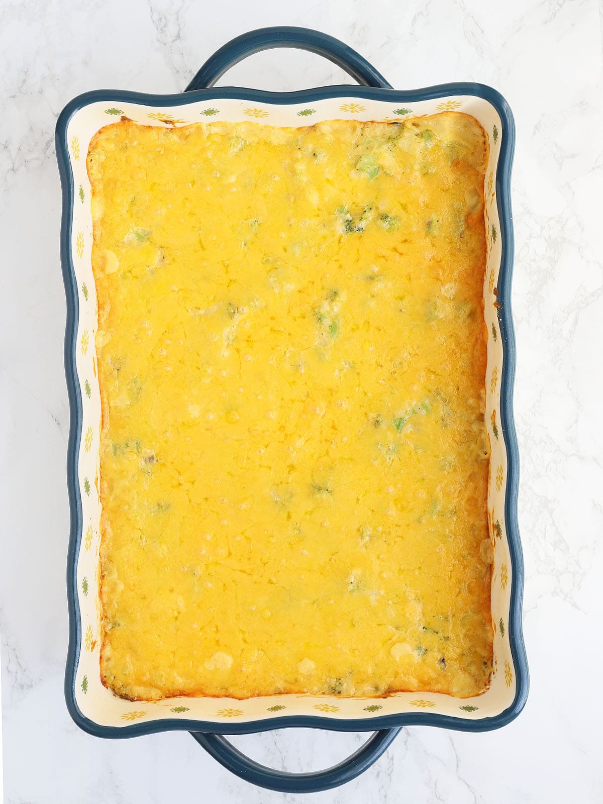 cheesy broccoli casserole just out of the oven