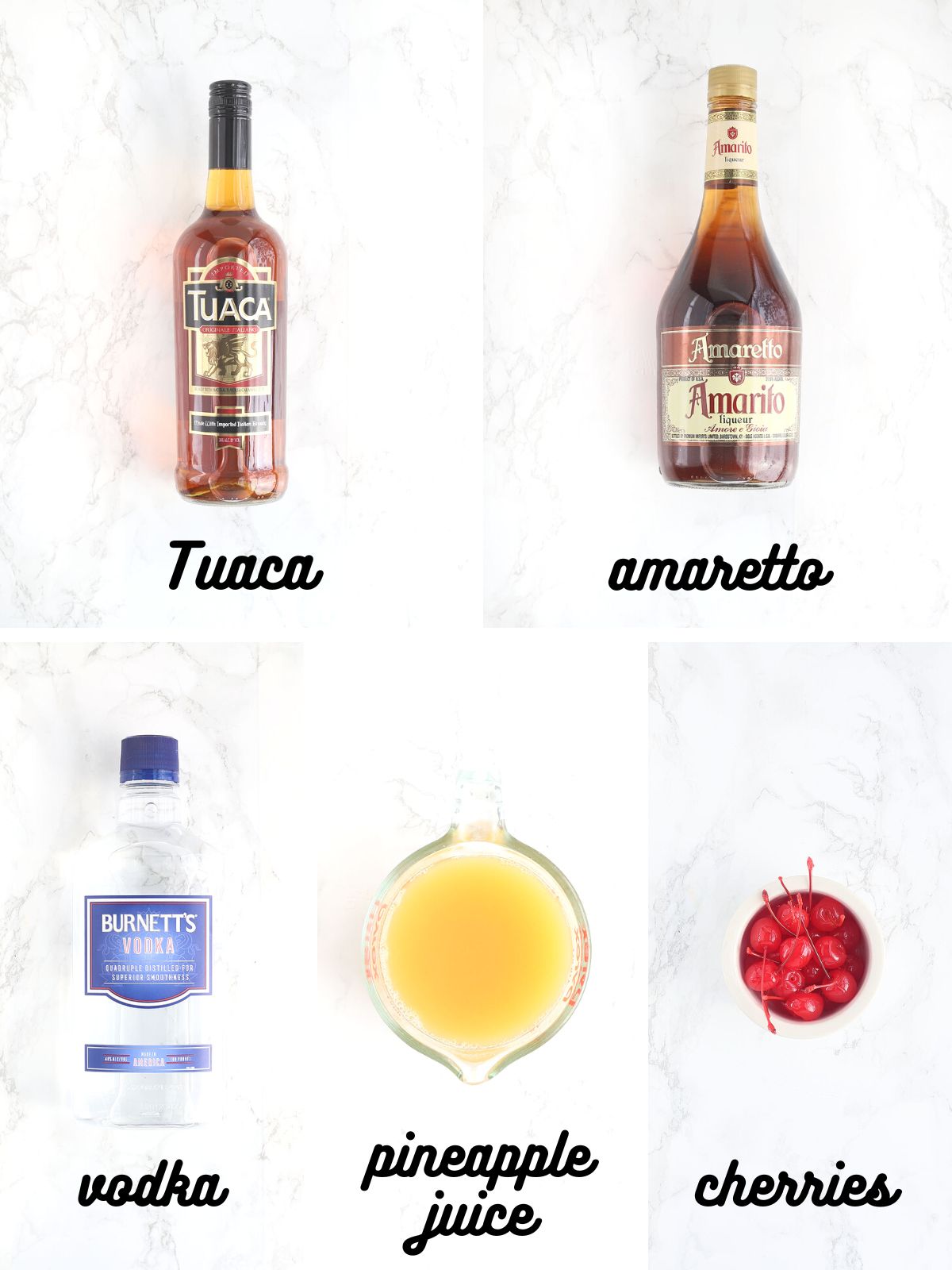 collage of ingredients needed to make Tuaca pineapple martini