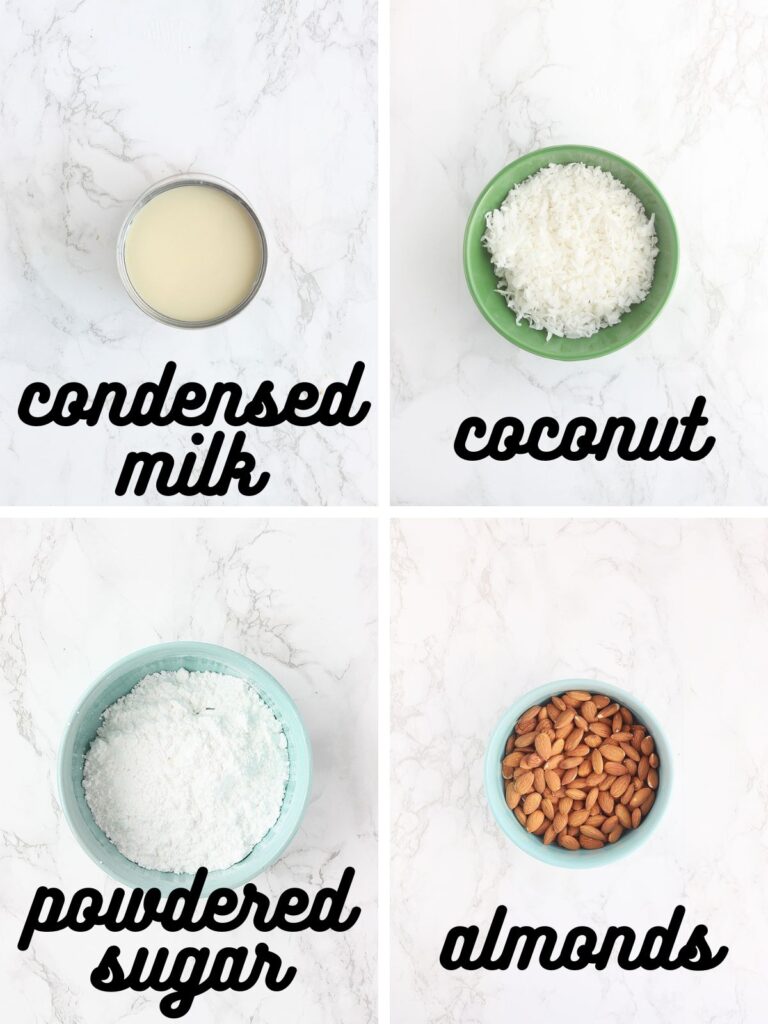collage of ingredients needed to make the coconut filling for Almond Joy cookies