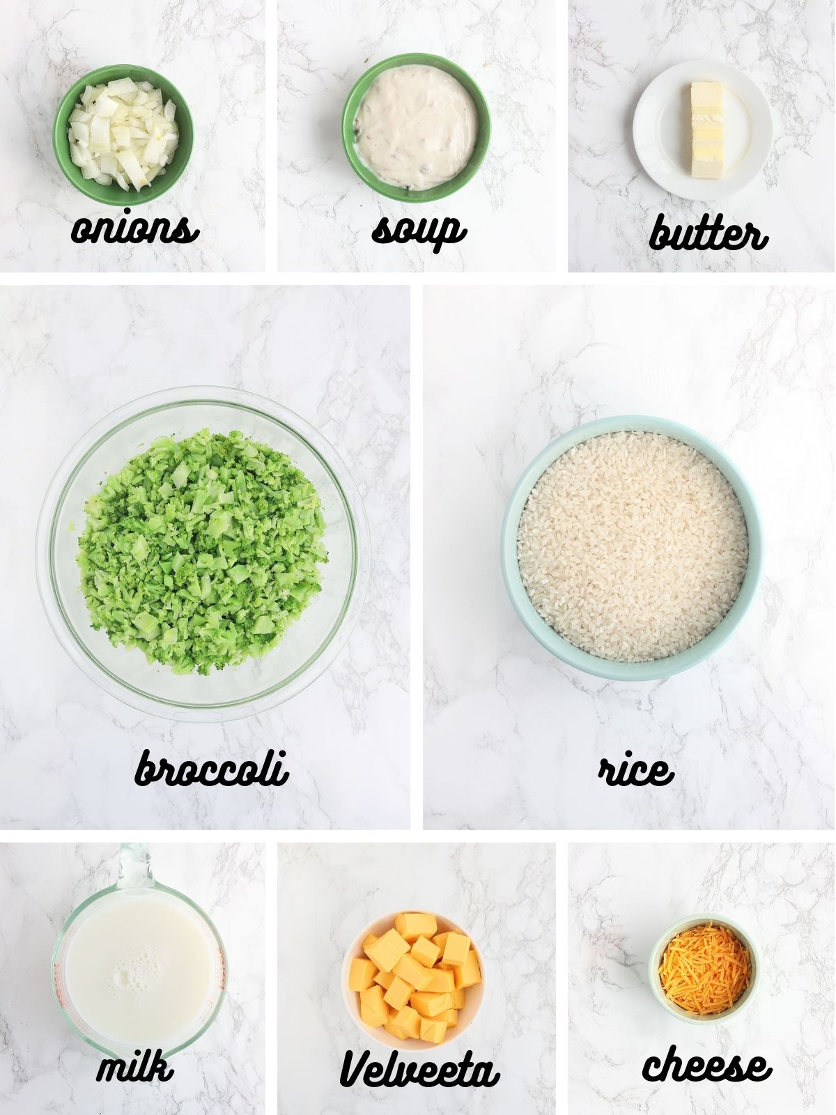collage of ingredients needed to make cheesy broccoli casserole