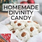 homemade divinity candy arranged in a paper lined candy tin