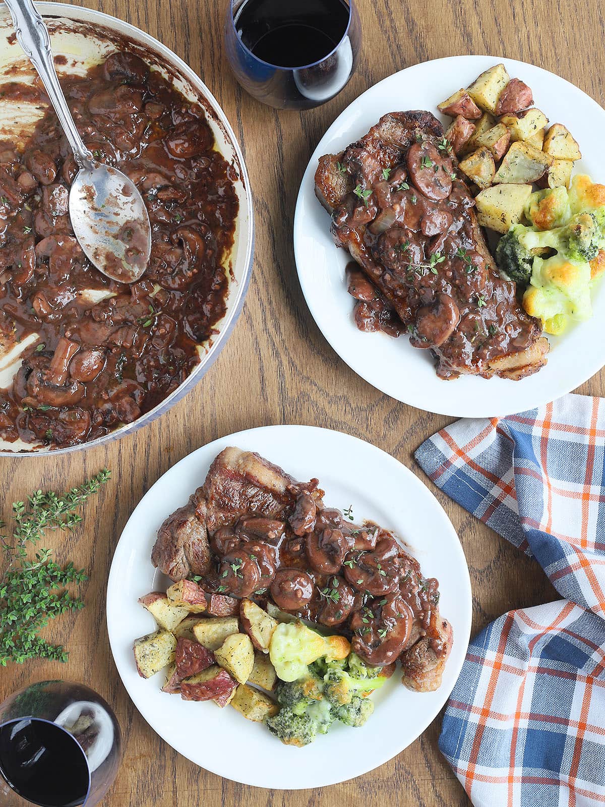 two steaks covered in red wine mushroom sauce with a pan of sauce and two glasses of red wine on the side.