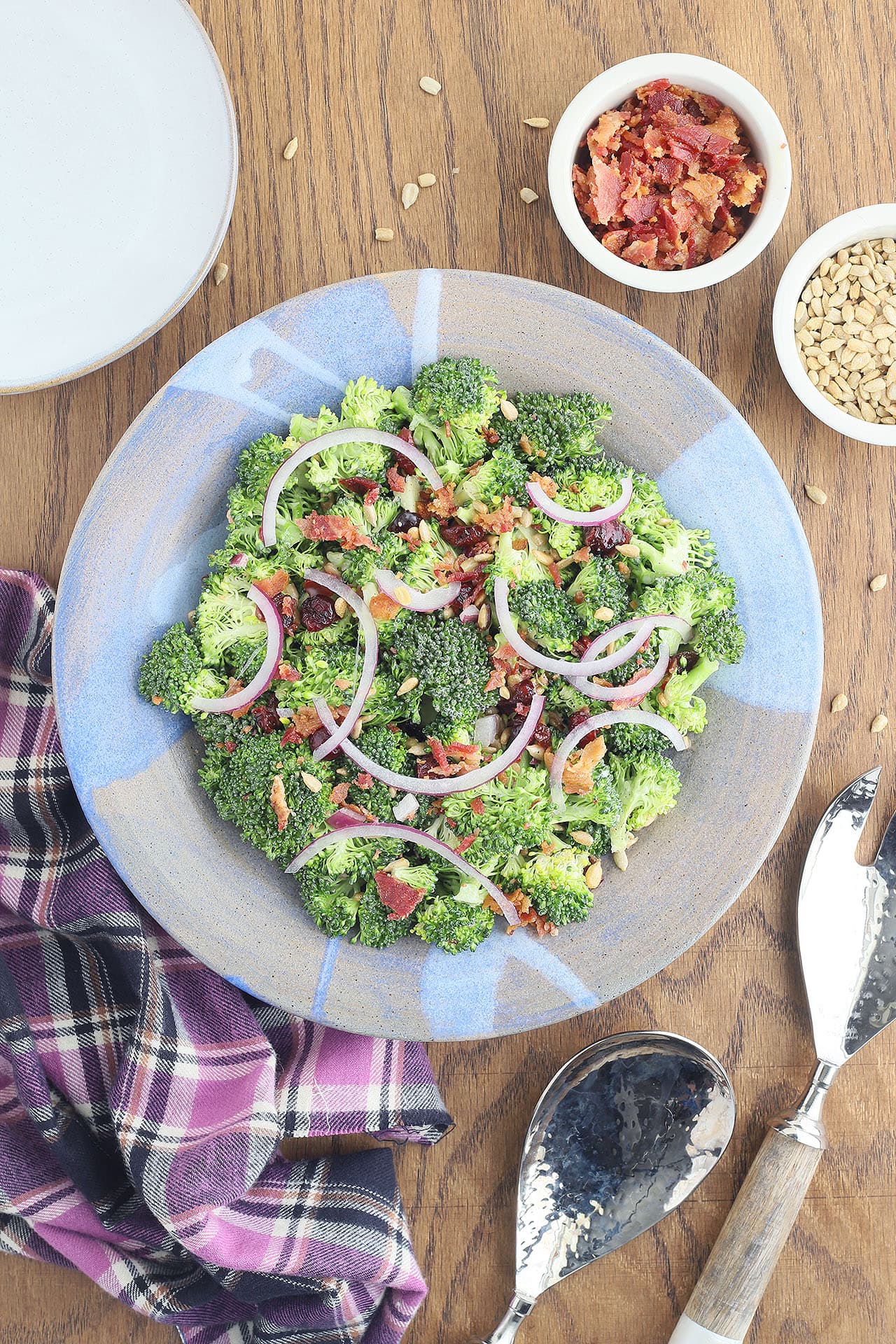 Broccoli salad with bacon and cranberries is a delicious way to eat your veggies. Fresh broccoli florets are topped with dried cranberries, bacon, sunflower seeds and red onion, then tossed in a light, creamy dressing.