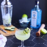 cucumber gimlet in a coupe glass garnished with a sliced cucumber and gimlet ingredients in the background.