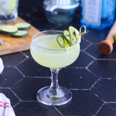 cucumber gimlet in a coupe glass garnished with a sliced cucumber and gimlet ingredients in the background.