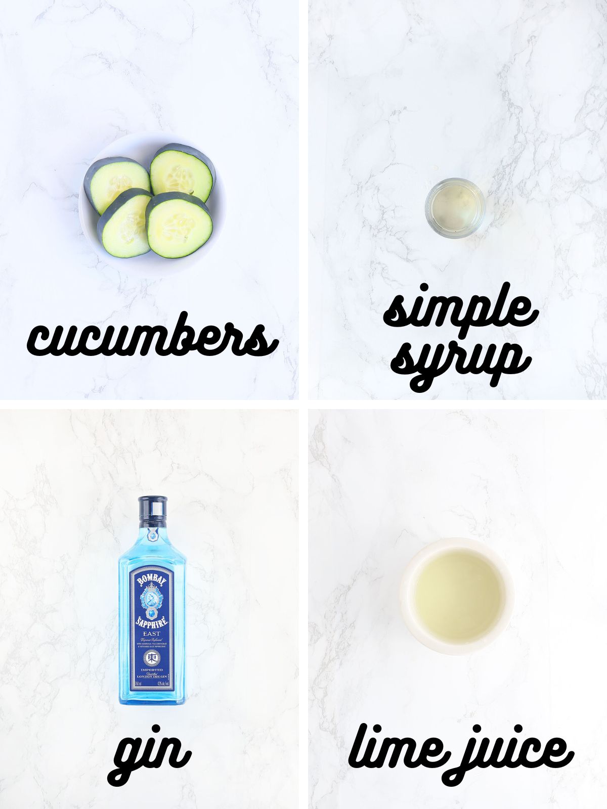 collage of ingredients needed to make a cucumber gimlet.