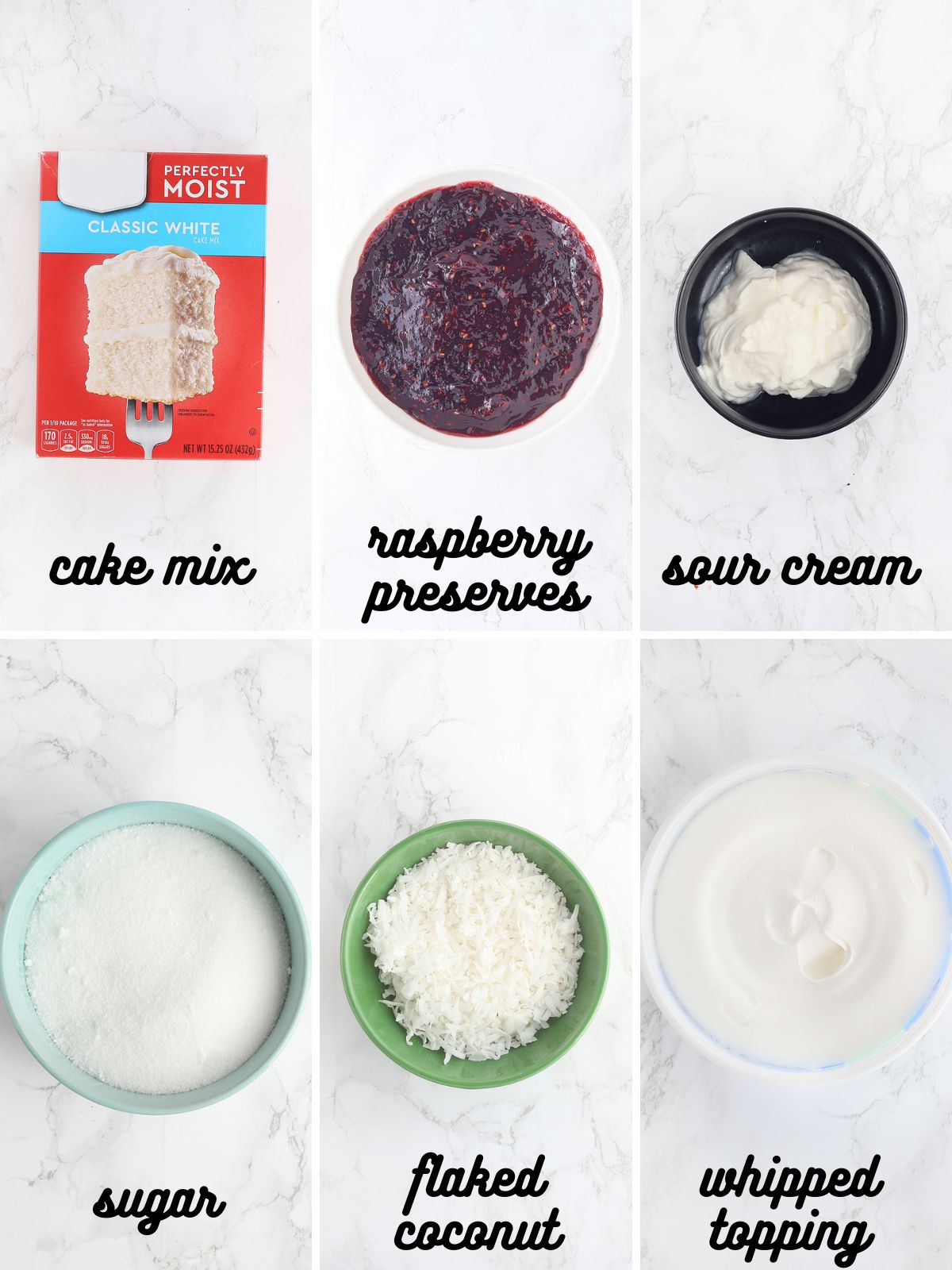 collage of ingredients needed to make easy coconut cake with raspberry filling