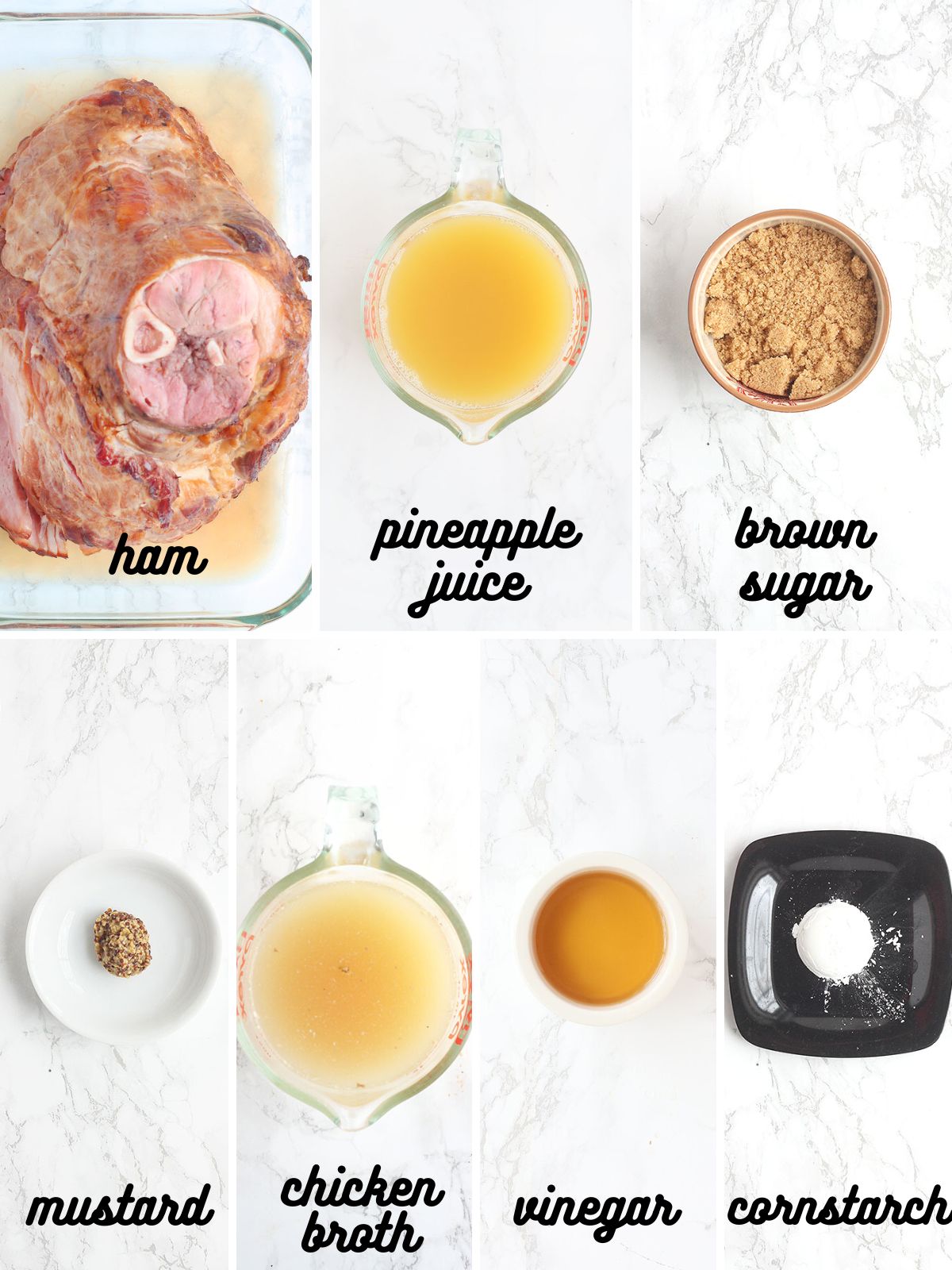 collage of ingredients needed to make pineapple glazed ham