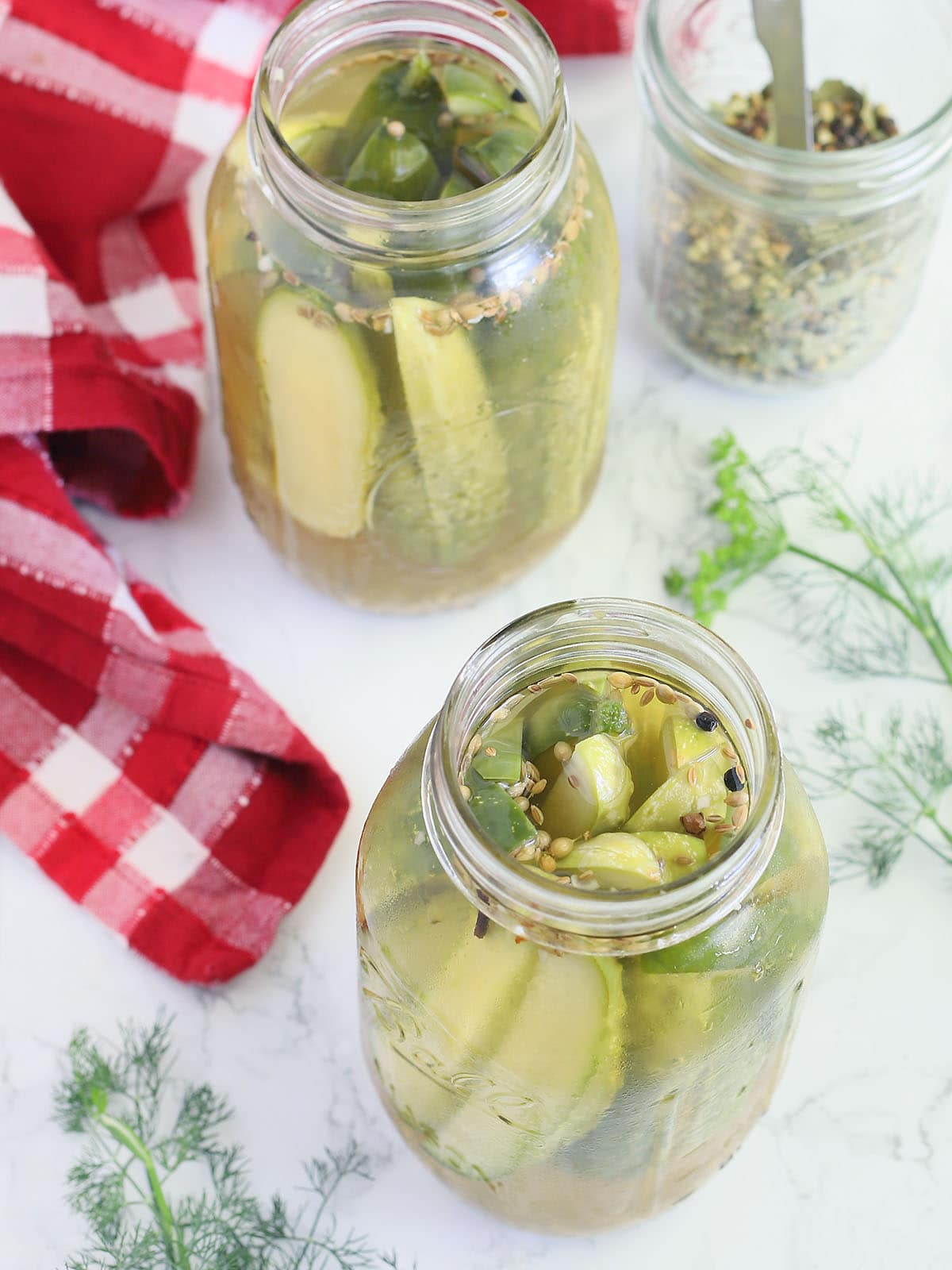 two quart mason jars of dill pickles spears with pickling spices and fresh dill on the side