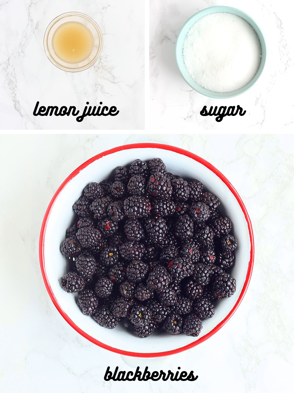 collage of ingredients needed to make homemade blackberry jam