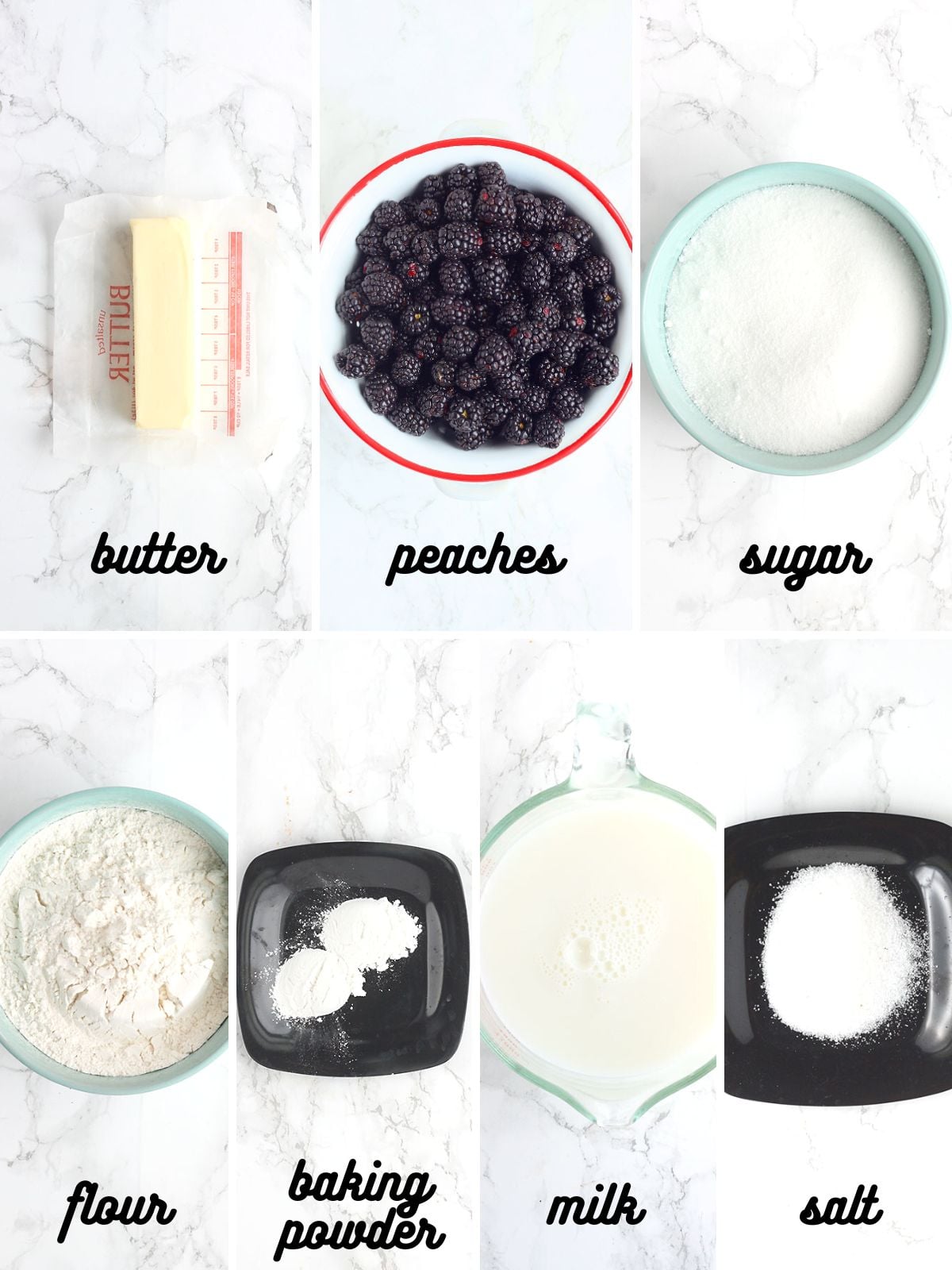 Collage of ingredients needed to make blackberry cobbler.