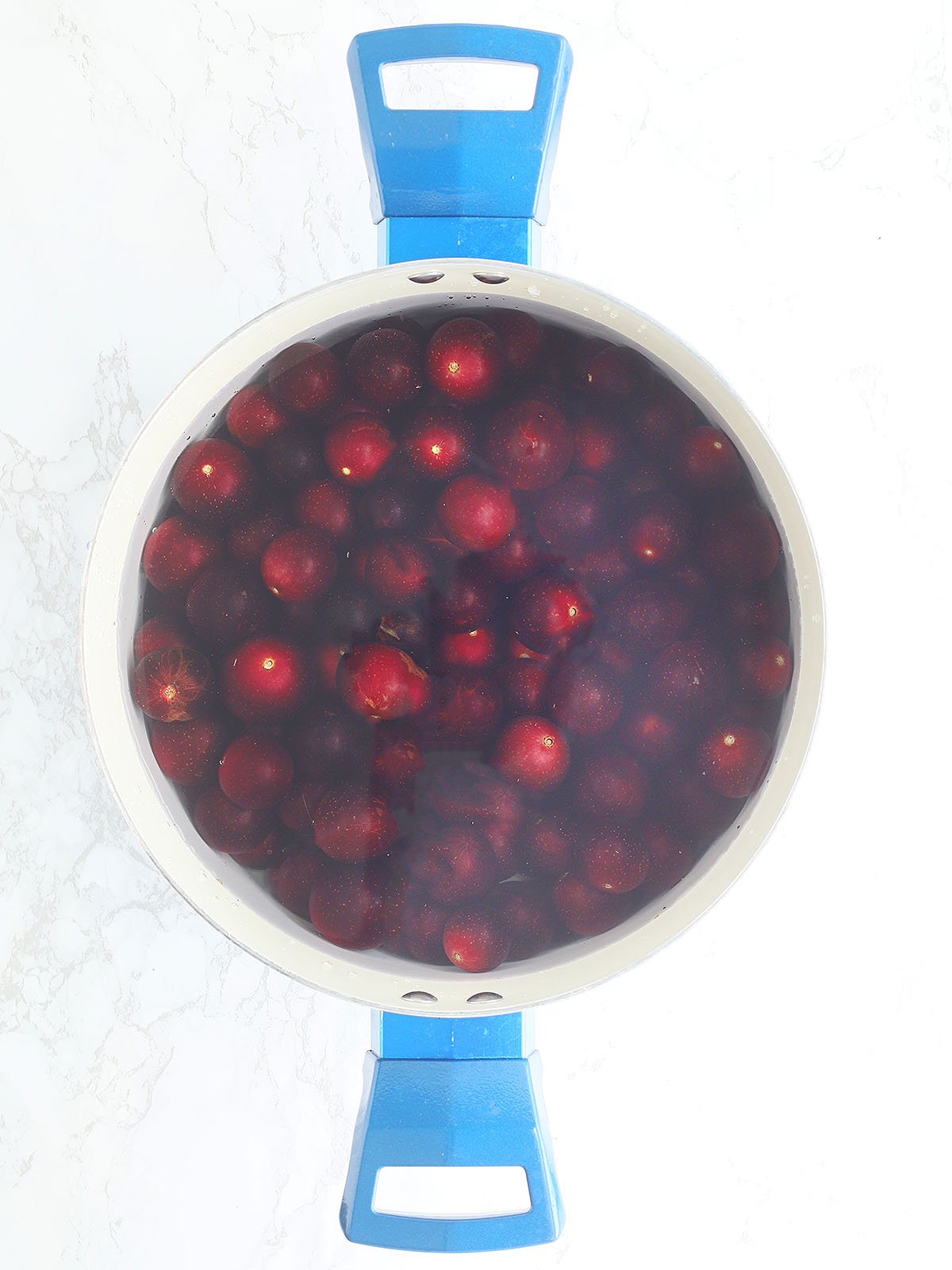 Fresh muscadines covered with water in a large blue stockpot.
