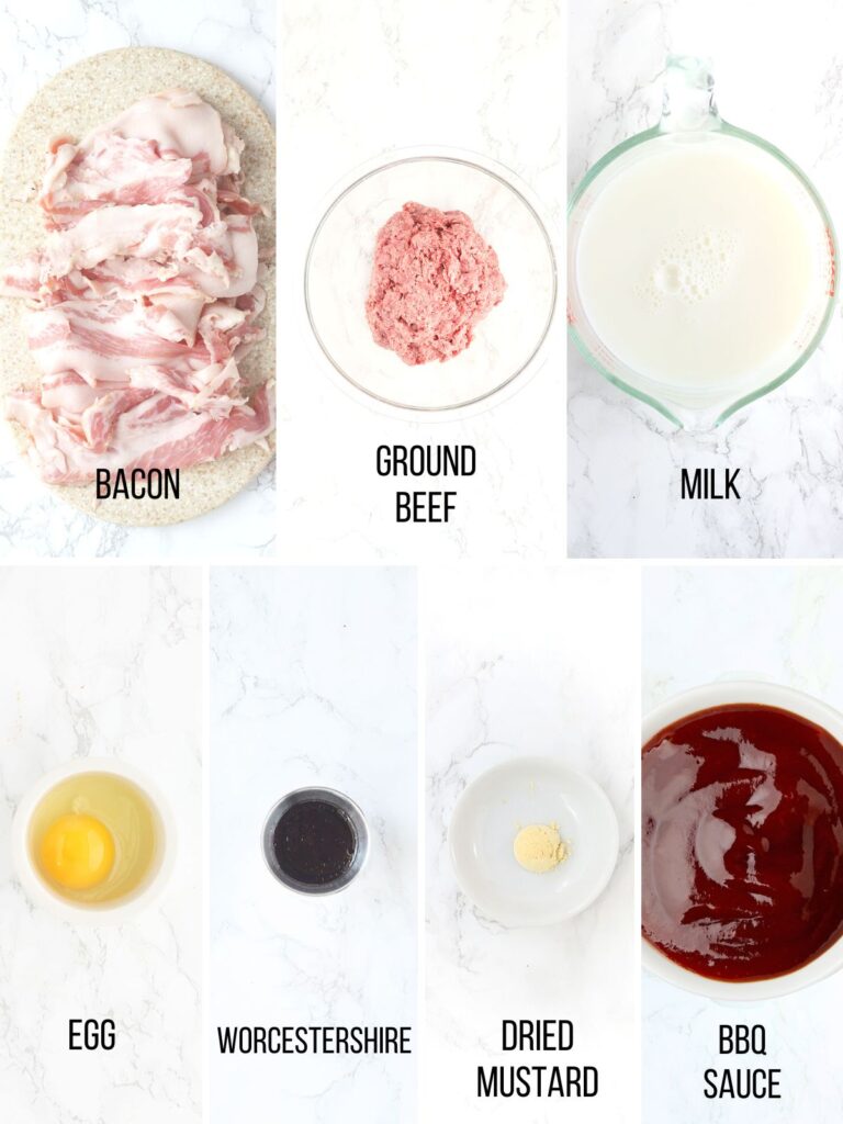 Collage of ingredients needed to make BBQ meatloaf with bacon.