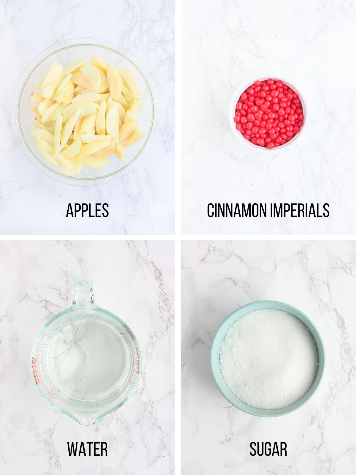 Collage of ingredients needed to make Red Hots cinnamon apples.