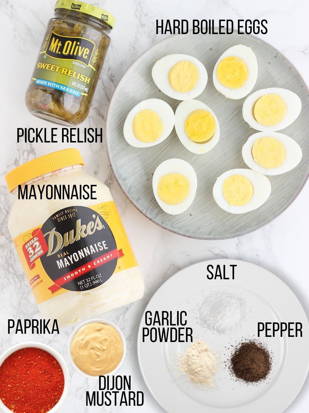 Collage of ingredients needed to make deviled eggs with relish.
