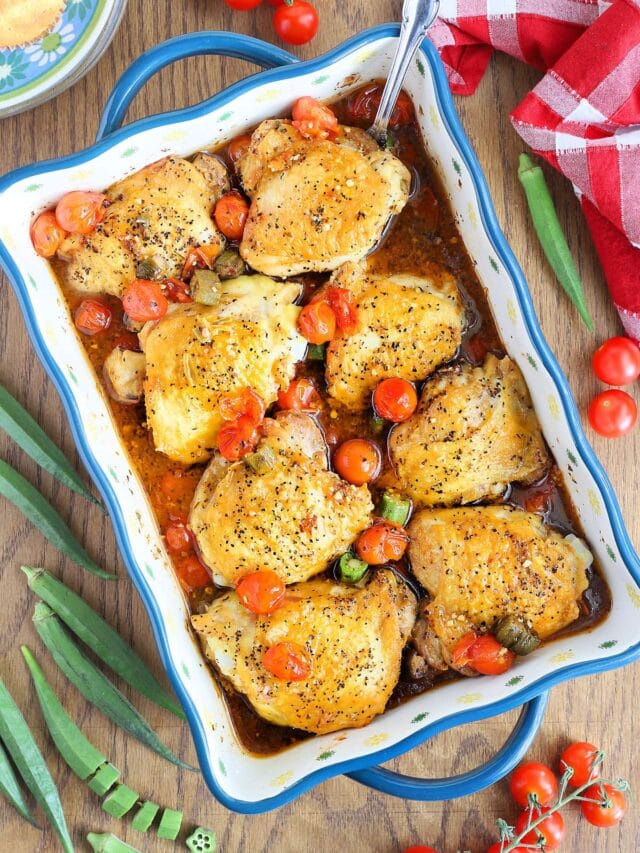 Oven Roasted Chicken Thighs with Okra and Tomatoes