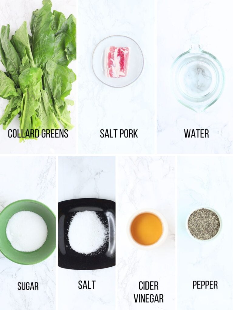 Collage of ingredients needed to make Instant Pot collard greens.