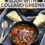 Two bowls of vegetable soup with collard greens garnished with shredded ham and served with wedges of cornbread on a metal tray.