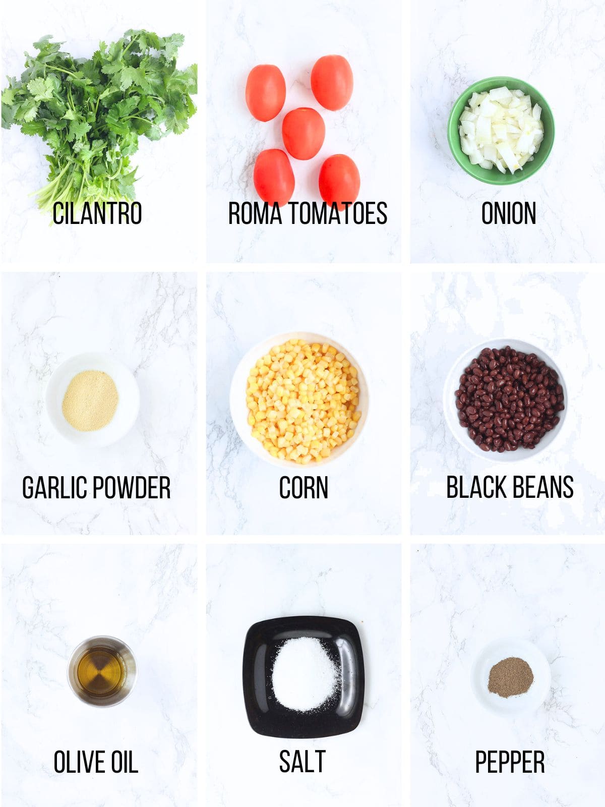 Collage of ingredients needed to make the black bean salsa.