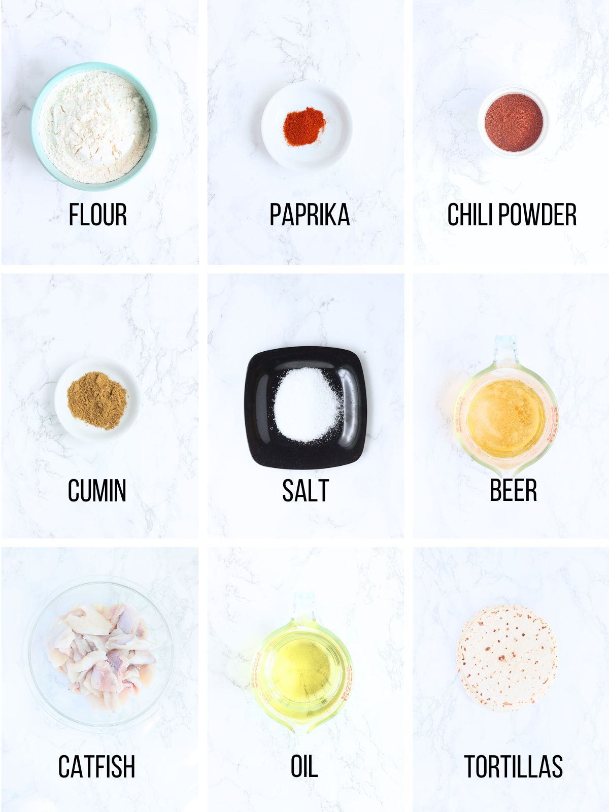 Collage of ingredients needed to make the beer battered fried catfish.