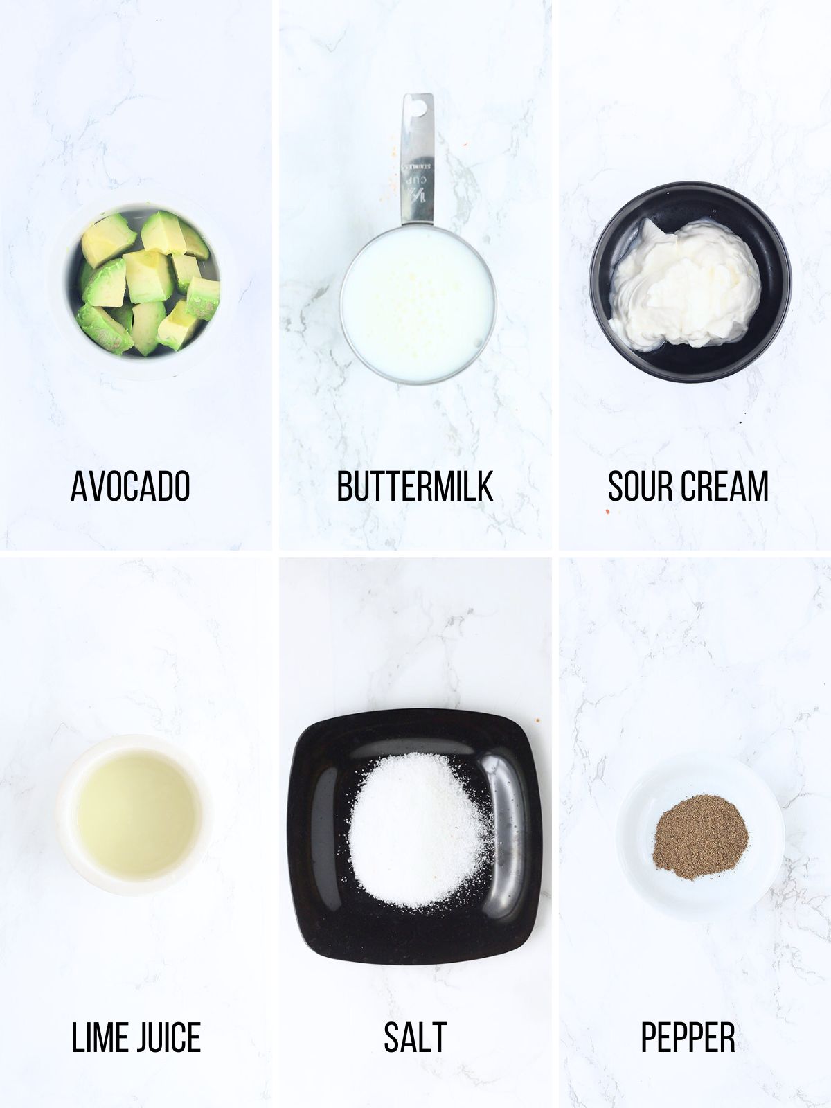 Collage of ingredients needed to make the avocado crema sauce.