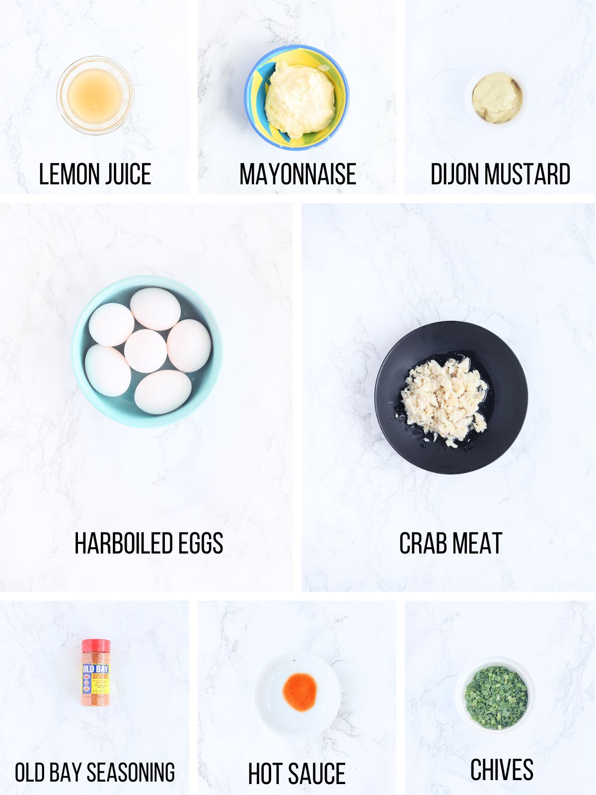Collage of ingredients needed to make crab deviled eggs.